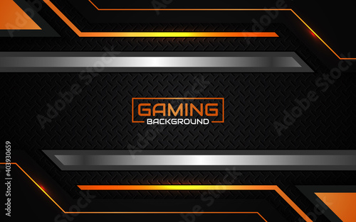 Abstract futuristic geometric black and orange gaming background with modern esport shapes. Vector design template technology concept can use element game banner, sport poster, cyber wallpaper, web