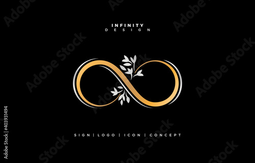 Floral infinity logo, floral infinite symbolic, floral infinity design, elegance infinity gold and silver with minimal floral for wedding, fashion, jewelry, boutique and creative templates any company