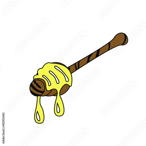 Vector colored illustration of honey flowing from a wooden spoon. Isolated on white background.