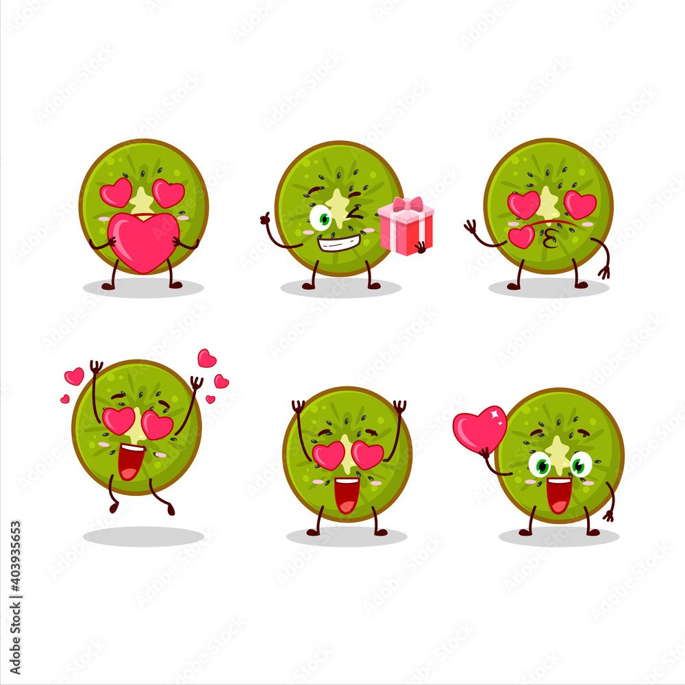 Slice of kiwi cartoon character with love cute emoticon Slice of kiwi cartoon character with love cute emoticon