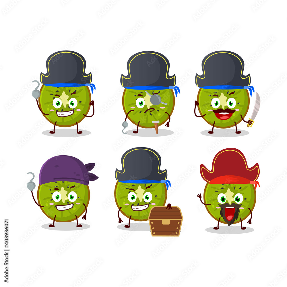 Cartoon character of slice of kiwi with various pirates emoticons Cartoon character of slice of kiwi with various pirates emoticons