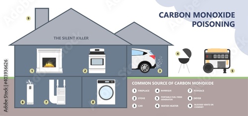 CO level chest pain loss of consciousness gas death cherry red skin cyanide toxicity motor car fuel  methylene chloride blood prevent alarm oxygen toxic harmful danger device detect safety silent leak