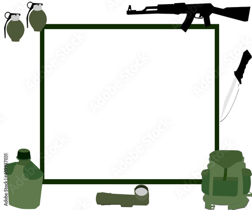 Frames, borders, Military backpack, rifle and ammunition Water bottle flashlight grenade knife vector cartoon illustration military equipment