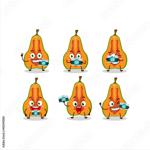 Photographer profession emoticon with slice of papaya cartoon character