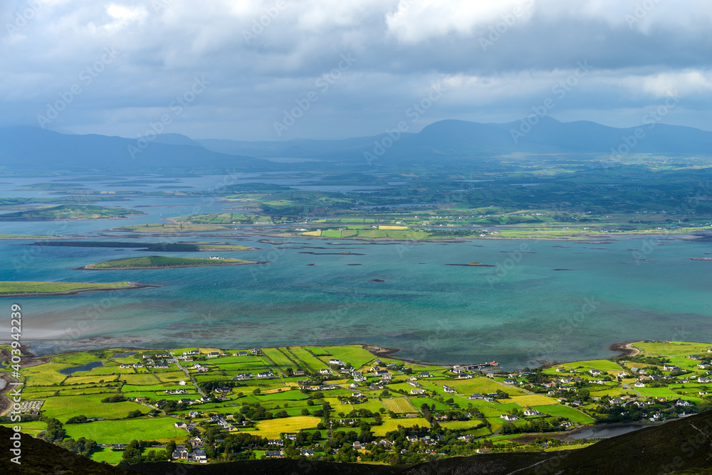 View from top of the mountain Croagh Patrick, nicknamed the Reek in County Mayo after Mweelrea and Nephin, Ireland