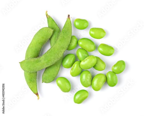Green soy bean isolated on white background. top view