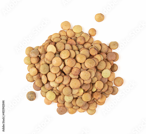 lentils on isolated white background. top view