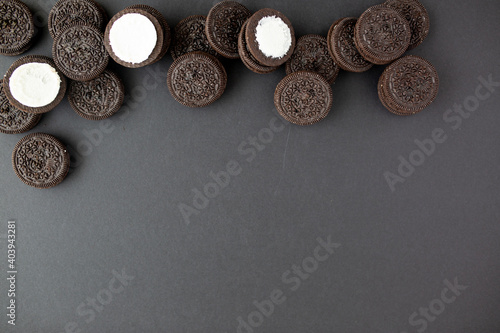 Flat lay of chocolate cream cookies