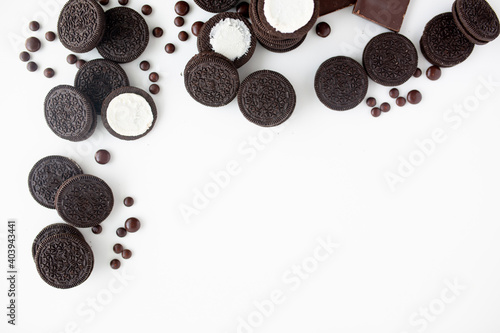 Flat lay of chocolate cream cookies