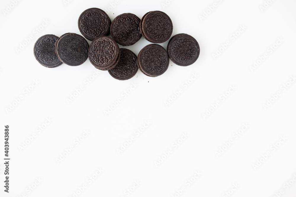 Flat lay of chocolate cream cookies Flat lay of chocolate cream cookies