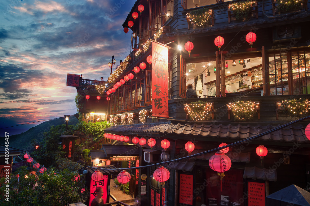 Obraz premium Night Street View of the Famous Small Mountain Village, Old Town Jiufen