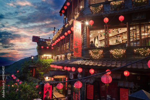 Night Street View of the Famous Small Mountain Village  Old Town Jiufen