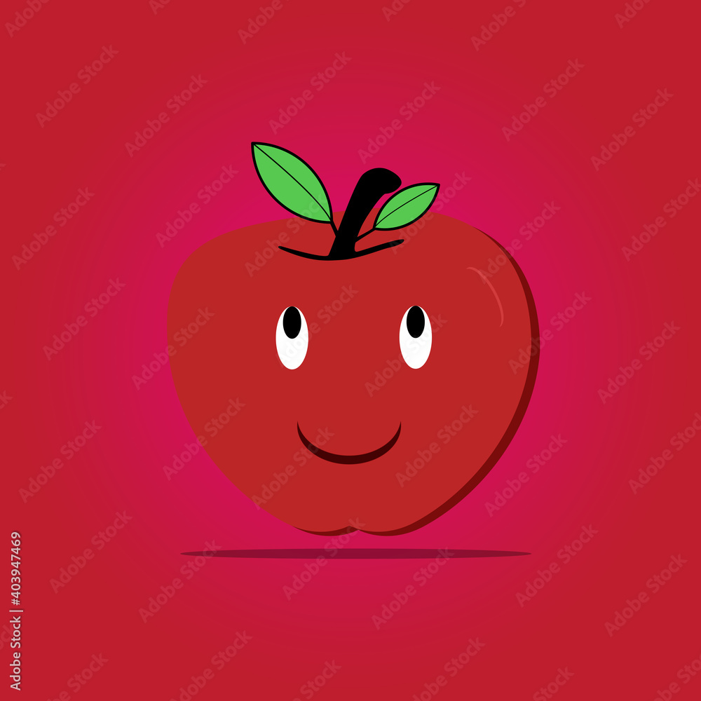 Funny doodle cartoon fruits of apple happiness character. Isolated on red background. Flat vector illustration Funny doodle cartoon fruits of apple happiness character. Isolated on red background. Flat vector illustration