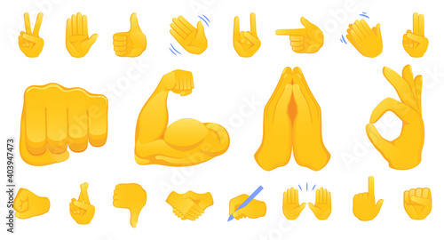 Hand gesture emojis icons collection. Handshake, biceps, applause, thumb, peace, rock on, ok, folder hands gesturing. Set of different emoticon hands isolated illustration.