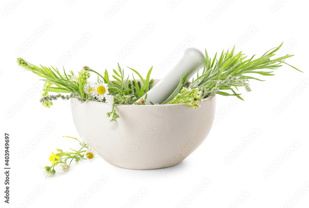 Mortar with different herbs and flowers on white background