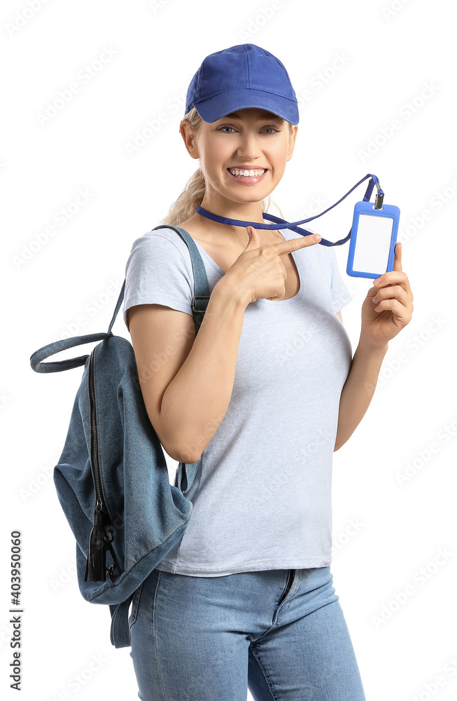 Young woman with blank badge on white background Young woman with blank badge on white background