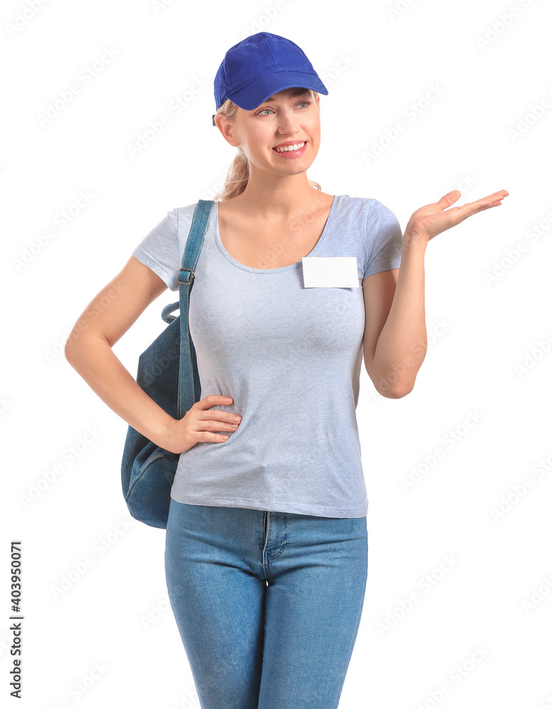 Young woman with blank badge on white background Young woman with blank badge on white background