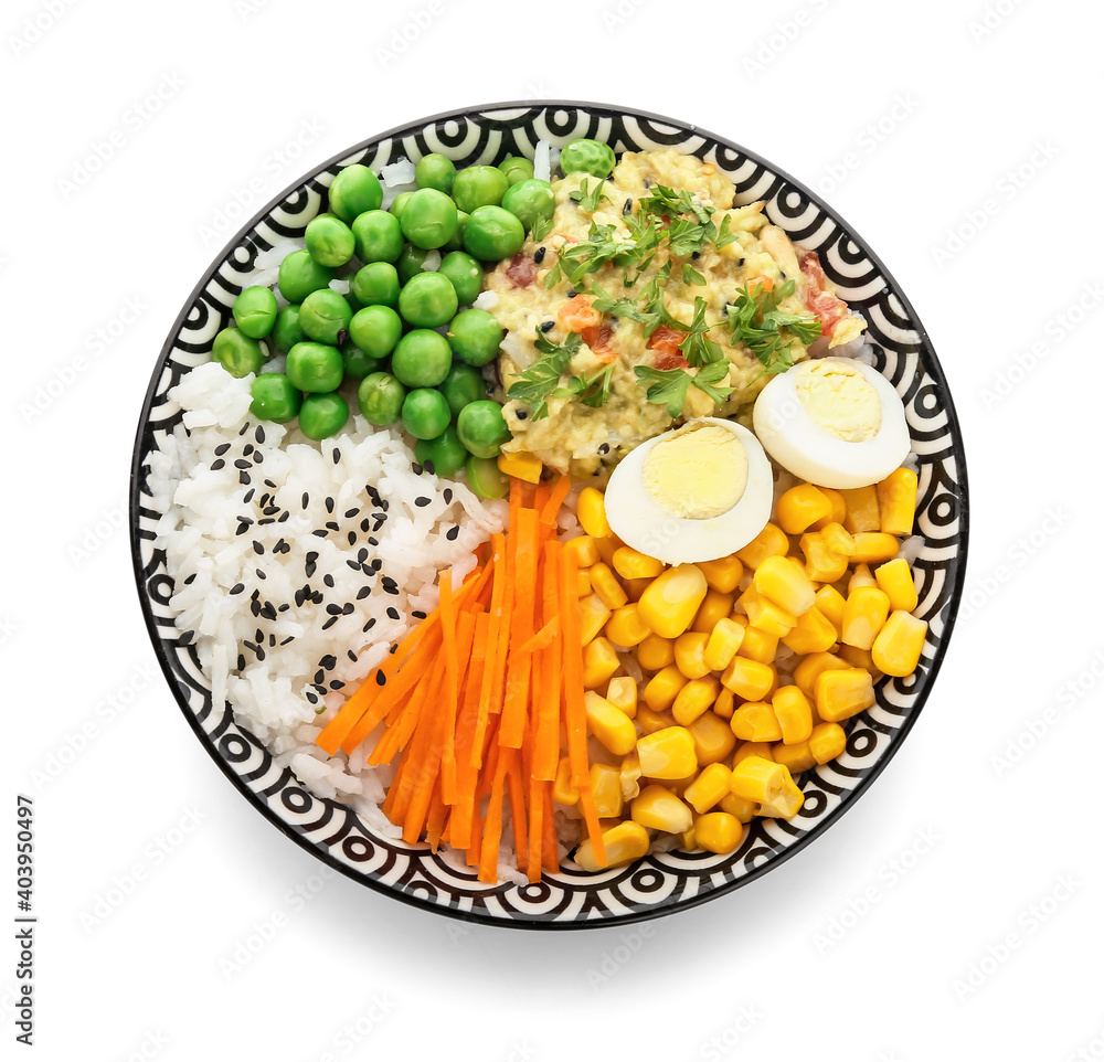 Bowl with tasty rice, eggs and vegetables on white background Bowl with tasty rice, eggs and vegetables on white background