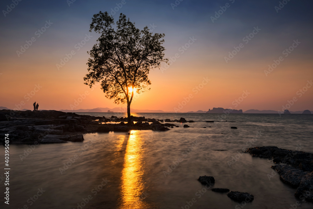 Seascape at sunset with silhouette tree and people