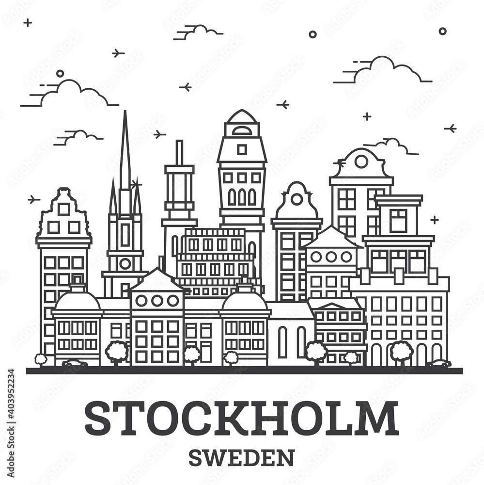 Outline Stockholm Sweden City Skyline with Historic Buildings Isolated on White.