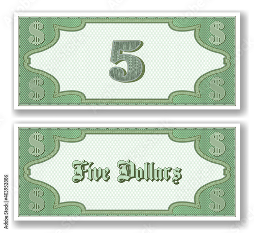 Sample paper certificate for 5 dollars. Obverse and reverse of the bill. Mesh. EPS10
