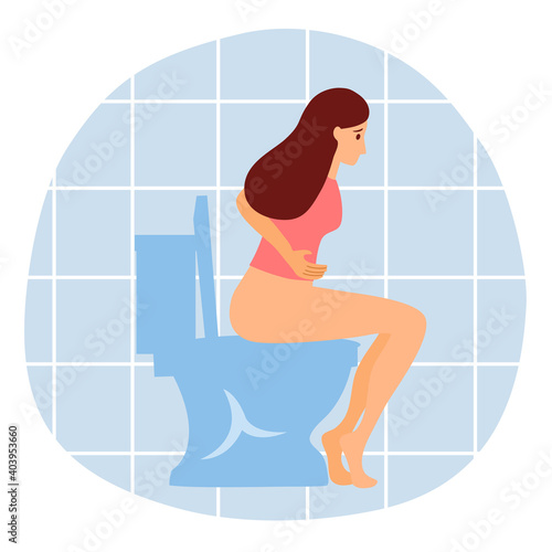 Woman sitting on flush toilet in restroom flat design. Diarrhea or constipation.