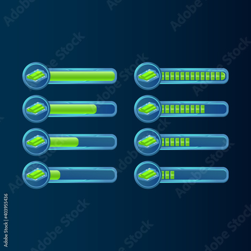 set of fantasy blue glossy gui bucks money progress bar for game ui asset elements vector illustration