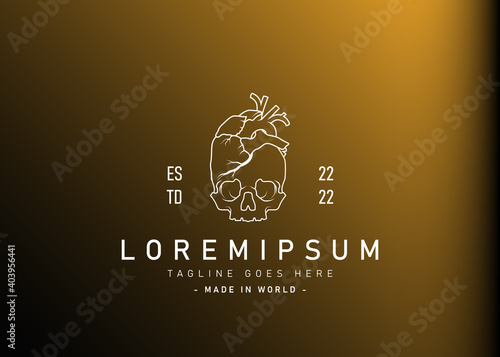 Skull heart logo design. Vector illustration of abstract head skull and heart combined. Vintage logo design vector line icon template