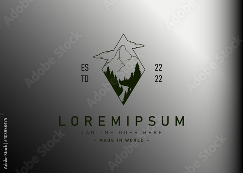 Mountain road logo design. Vector illustration of mountain and pines forest simple modern style. Vintage logo design vector line icon template