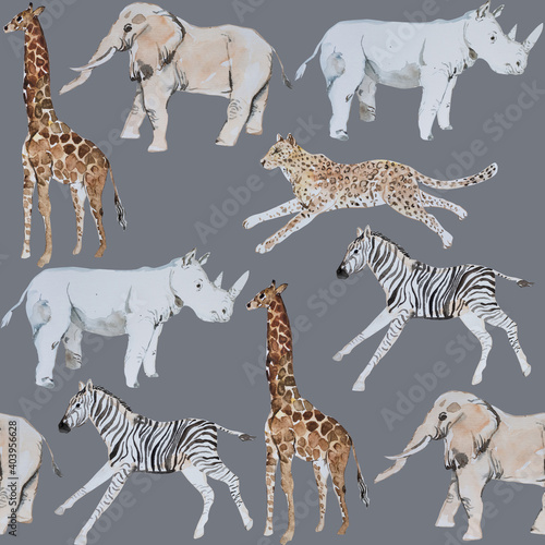 Canvas Print African animals watercolor seamless pattern.