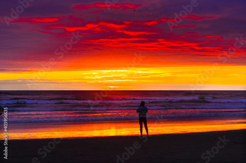 Meditation Watching Colorful Sunset Ocean Canon Beach Oregon