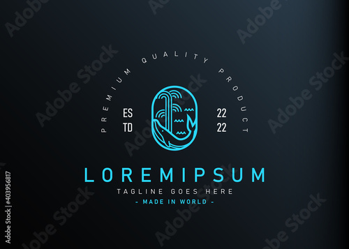 Humpback whale monoline logo design. Vector illustration of abstract creative whale spray water. Vintage logo design vector line icon template