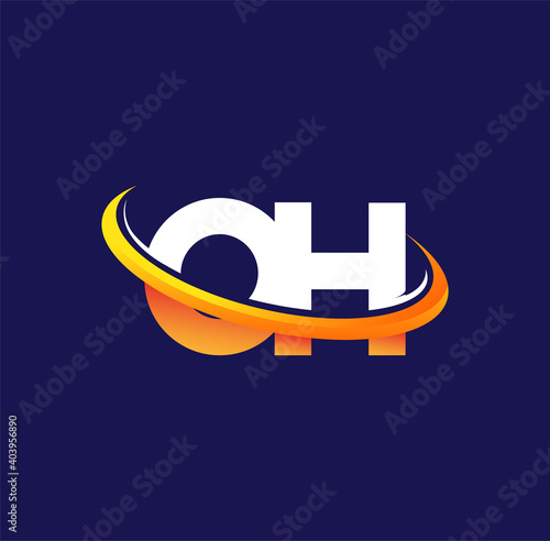 OH initial logo company name colored white and orange swoosh design, isolated on dark background. vector logo for business and company identity.