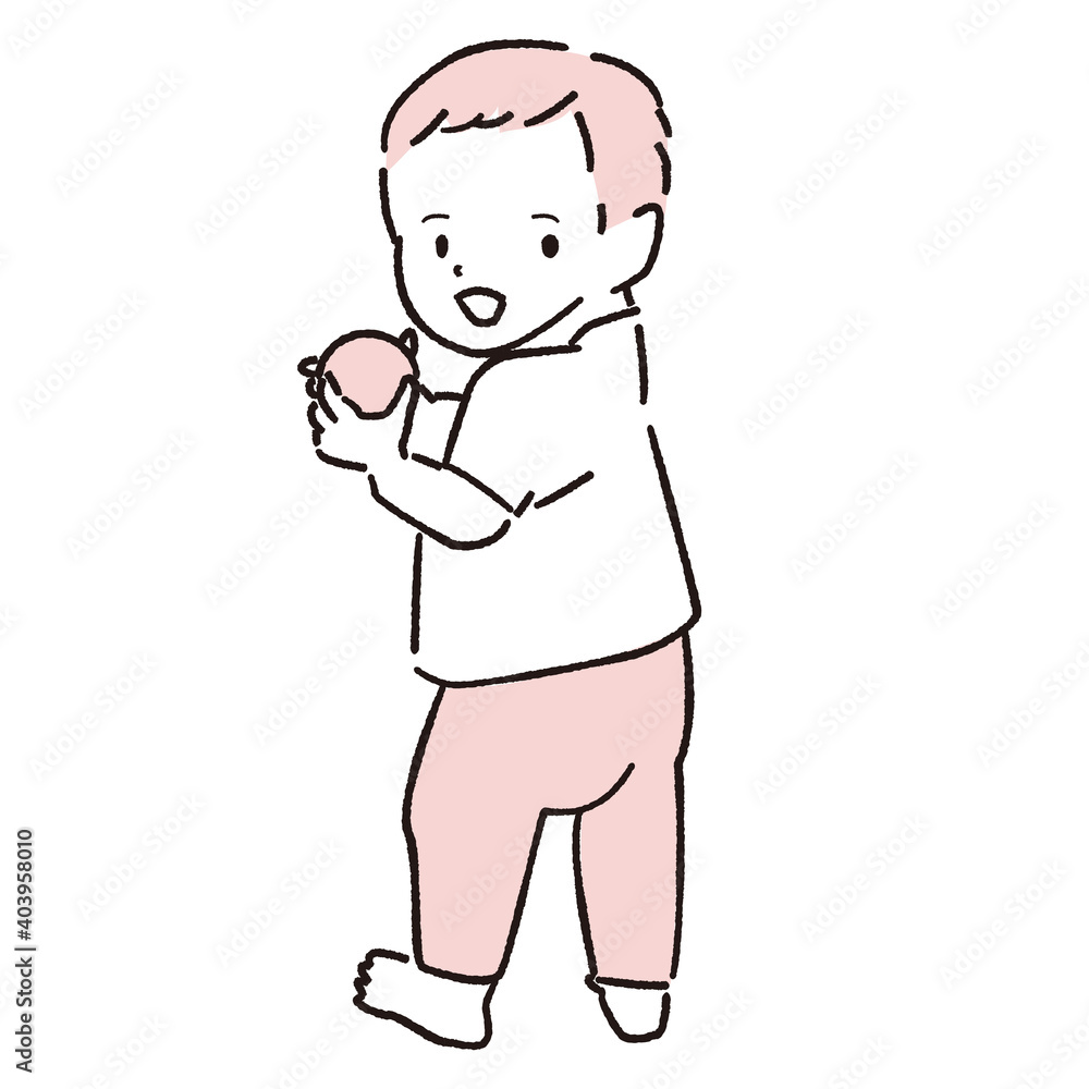 手描き1color　赤ちゃん　立つ　振り向く　ボールをつかむ