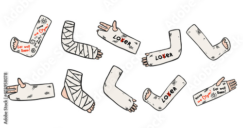 Set of broken legs, arms and hands cast doodles with funny writings from friends. Collection of injured limbs in gypsum plasters. Get well soon wishes. Media glyph graphic symbols