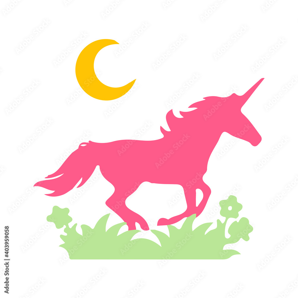 Unicorn Flat Color Animals Art Simple Cartoon Trendy Children Illustration Symbol Closeup on white background