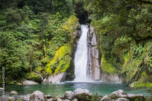 Giant gate waterfall on the milford trail in New Zealand