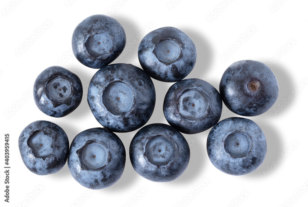 Top view of a group of fresh blueberries isolated on white background. Closeup and macro. Top view of a group of fresh blueberries isolated on white background. Closeup and macro.