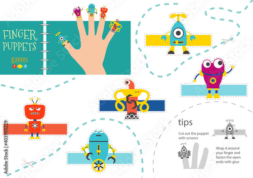 Vector robotics as finger puppets. Cut and glue activity for preschool kids
