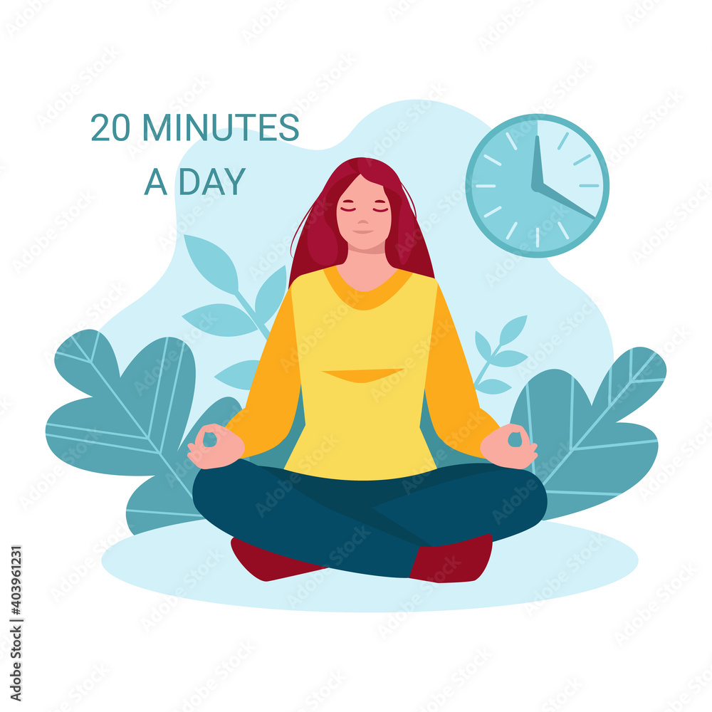 Woman meditating in nature, among plants, leaves.Vector concept of a healthy lifestyle, mental health, relaxation. Clock. Inscription 20 minutes of meditation. Illustration in flat cartoon style.