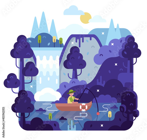 Fisherman with a fishing rod in the boat on the river. Flat cartoon design nature landscape illustration with sun, hills and clouds