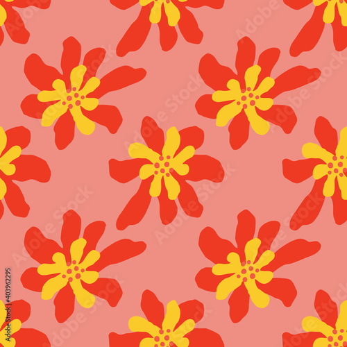 Bright summer seamless pattern with red and yellow colored flowers ornament. Pink background.