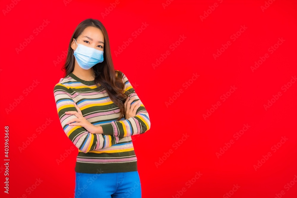 Portrait beautiful young asian woman with mask for protection covid Portrait beautiful young asian woman with mask for protection covid