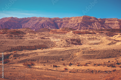 View of the desert. View of the valley with mountains on the backdrop. Timna Park  Eilat  Israel