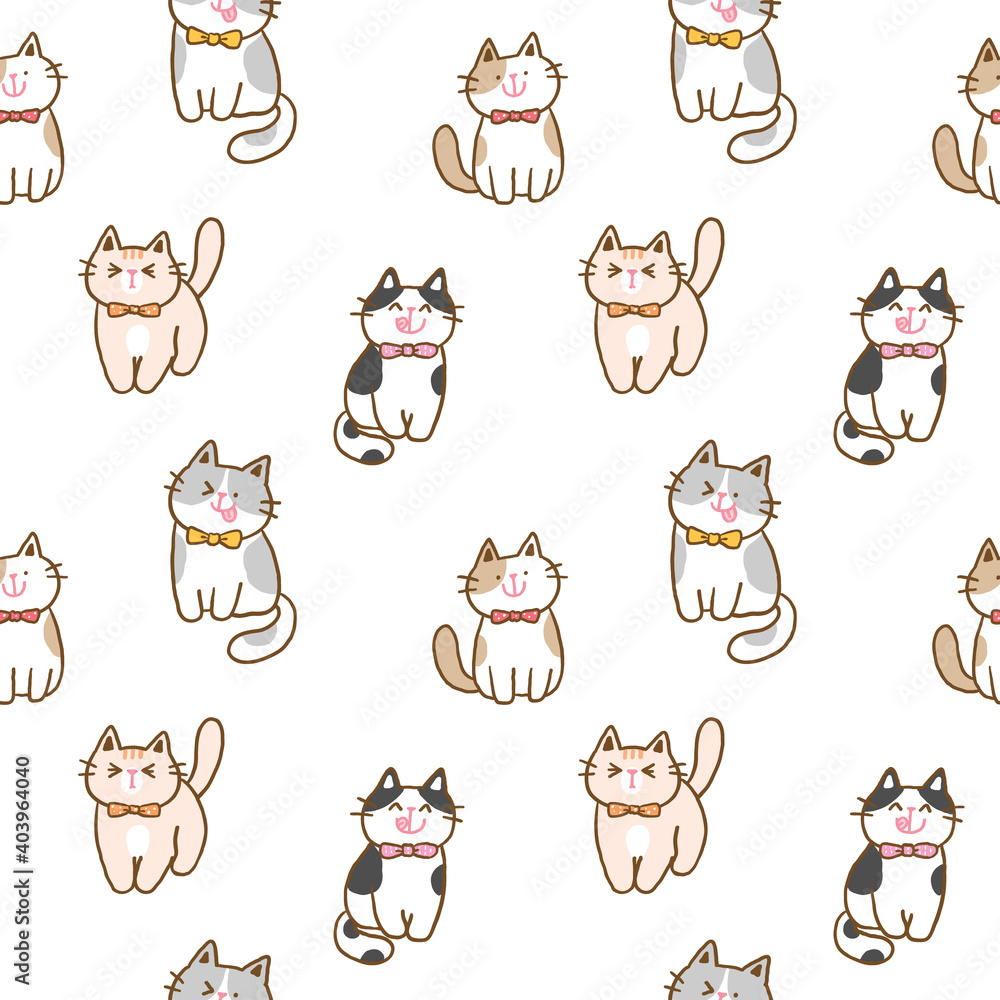 Fototapeta premium Seamless Pattern with Cute Cartoon Cat Illustration Design on White Background
