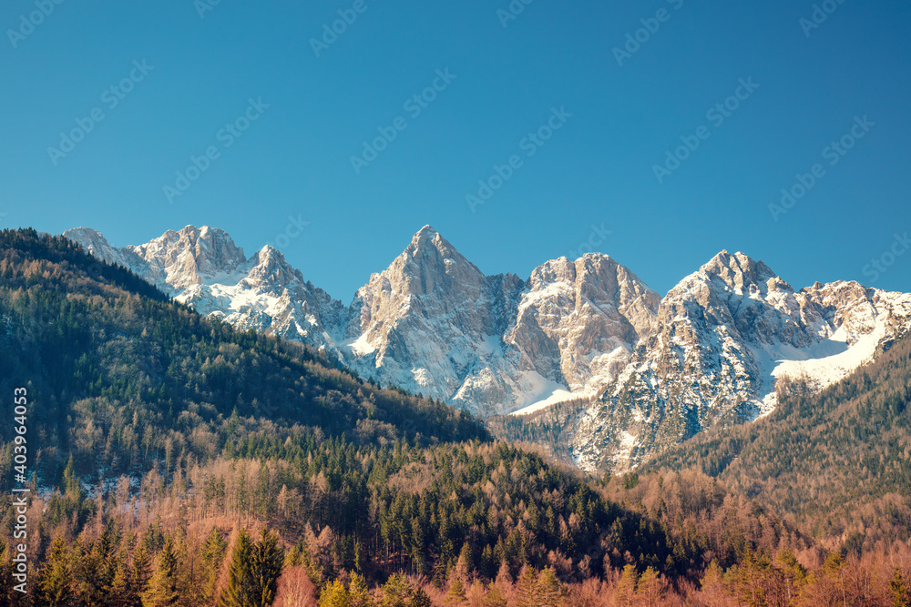 View of Alps in Kranjska Gora on a sunny day. The tops of the mountains are covered with snow. Triglav national park. Slovenia, Europe
