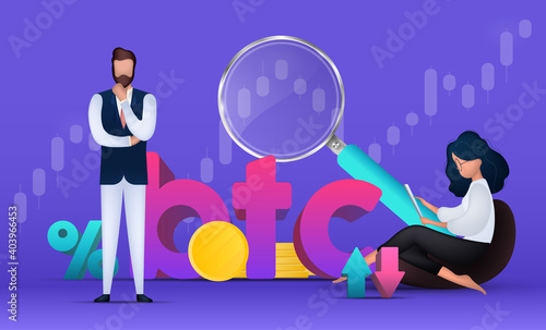 Money training banner. The woman and man analyzes the finance market. Gold coins, wallet, bank card, magnifier, telephone, chart. Vector.