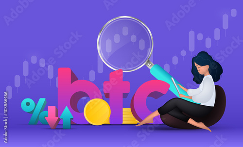 Money training banner. The girl analyzes the finance market. Gold coins, wallet, bank card, magnifier, telephone, chart. Vector.