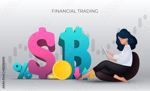Financial shopping banner. The girl analyzes the financial market. Dollar and bitcoin icon. Vector.