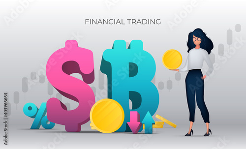 Financial trading banner. The girl is holding a gold coin in her hands. Dollar and bitcoin icon. Vector.